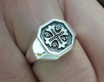 IC XC NIKA, Sterling Silver Cross Signet Ring, Knight Templar Ring, Black Enamel Christian Orthodox Jewelry, Christmas Gift for Him