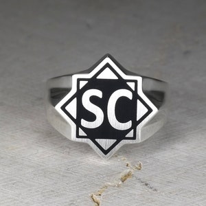 Anillo con sello de alfabeto en forma de estrella hecho a medida, anillo unisex con monograma personalizado, A, B, J, K, L, M, N, O, P, Q, R, S, T, U, V, W, X, Y, Z