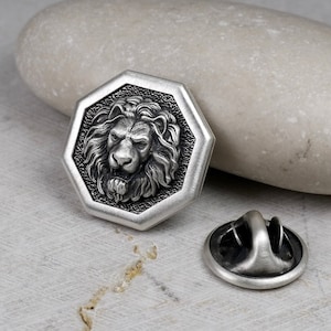 Octagon Pin Lion, Sterling Silver 925, Men&#39;s Brooch Pin, Lion Head, Medieval Pin, Jewelry Accessories, Lapel Badge, Wedding Men Gifts