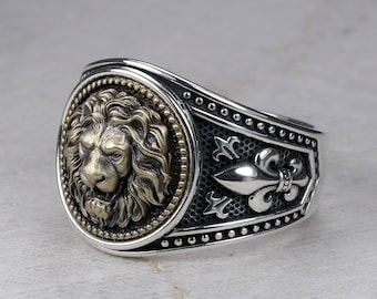 Men's Signet Ring with Bronze Lion Head, Fleur De Lis Band Ring, Leo Zodiac Sign, Leo Astrology, Roaring Lion King of the Jungle, Silver 925
