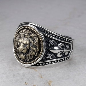 Men's Signet Ring with Bronze Lion Head, Fleur De Lis Band Ring, Leo Zodiac Sign, Leo Astrology, Roaring Lion King of the Jungle, Silver 925