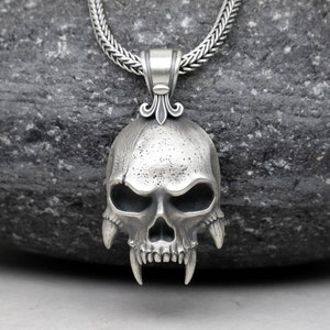 Vampire Skull Pendant in Matte Sterling Silver, 2.5mm Foxtail or Snake Neck Chain, Necklace with Fleur De Lis Design Bail, Biker Jewelry