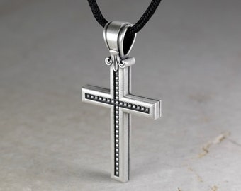 Orthodox Cross Pendant with Fleur De Lis Bail, Protection Charm, Best Gift for Christian Men and Women, Sterling Silver 925 with Black Cord