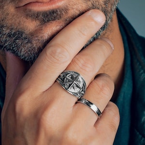 Kompas, Wind, Roos, Mens, Band, Sterling, Zilver, 925, Reiziger, Kruis, Zegel, Unisex, Ring, cadeau, hem, haar, beste, echtgenoot, jongen, vrienden,