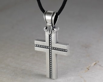 Cross Pendant with Fleur De Lis Design, Christian Necklace with Black Cord, Unisex Protection Charm, Christening Gift, Sterling Silver 925