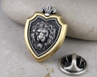 Lion Shield Pin Brooch with Fleur de Lis, Sterling Silver Gold Plated, Medieval Men Brooch Pin, Wedding Accessories, Lapel Badge, Leo Zodiac