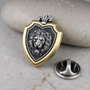 Lion Shield Pin Brooch with Fleur de Lis, Sterling Silver Gold Plated, Medieval Men Brooch Pin, Wedding Accessories, Lapel Badge, Leo Zodiac