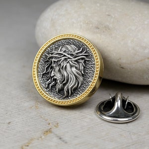Round Brooch Pin Christ Jesus, Sterling Silver Gold Plated, Medieval Men Brooch Pin, Lapel Badge, Unique Design & Best Quality from Vartovar