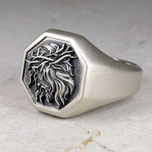 Jesus Christ Signet Ring, Real Sterling Silver 925, Savior Jesus, Christian Men&#39;s Gift,