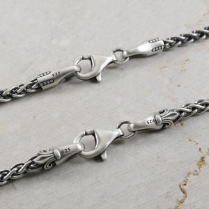 4.2mm Spiga Chain, Braided Wheat, Clasp Hook With Dots or Fleur De Lis Design All Lengths Unisex Oxidized Look Necklace, Sterling Silver 925