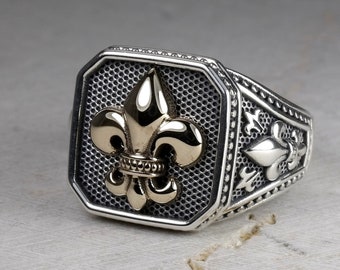 Bague chevalière Royal Lily, véritable argent Sterling 925, accessoires de bijoux Fleur de Lis, cadeau d'anniversaire pour hommes femmes, Bague Homme Chevalière