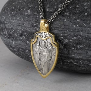 Saint Michael Gold Plated Necklace, 2.5mm Spiga Neck Chain, St Michael Commander of God's Armies, Shield Archangel Medallion Silver 925,gift