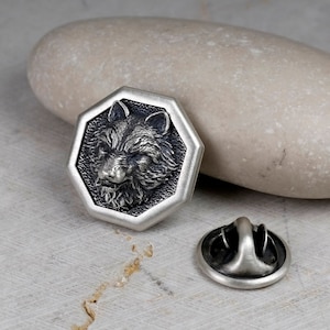 Octagon Pin Wolf, Sterling Silver 925, Men&#39;s Brooch Pin, Wolf Head, Medieval Pin, Jewelry Accessories, Lapel Badge, Wedding Men Gifts