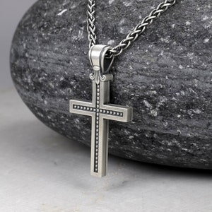 Cross Necklace with Fleur De Lis Design, 2.5mm Wheat Braided Spiga Chain, Best Gift Ideas for Christian Man Women, Sterling Silver Pendant