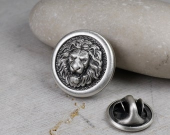 Round Pin Lion, Sterling Silver 925, Men's Brooch Pin, Lion Head, Medieval Pin, Jewelry Accessories, Lapel Badge, Gift for Him