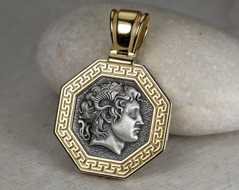 23mm Alexander the Great of Macedon Gold Plated Pendant, Greek Pattern Necklace, 2.5mm Spiga Chain, Ancient Mythology, Sterling Silver 925