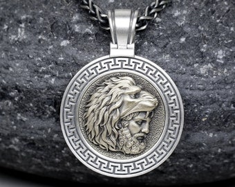 Hercules Round Pendant, Heracles Necklace with Braided Wheat Chain, Nemean Lion, Ancient Greek Mythology, Men Silver Medallion, Gift for Him