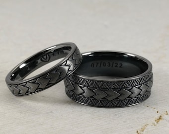 Pattern Wedding Band Ring, Black Rhodium, Real Sterling Silver 925, Samoan, Arrow, Maori, Polynesian, Tribal Tattoo, Men and Women Jewelry