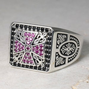 Maltese pave Cross Signet Mens Ring with Fleur de Lis design, Square Chevalier with Black White Red Blue Gemstone, Real Sterling Silver 925