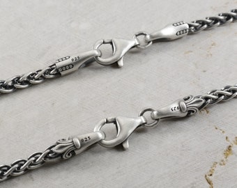 3MM Wheat Braided Chain, Fleur De Lis, Italy Best Spiga Clasp Necklace, Men Women Unisex 2, 3, 4MM Silver 925 Man Neck Chain, Gift for him