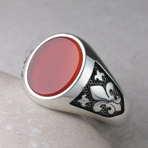 Oval Classic Chevalier, Signet Ring, Fleur-de-lis, Black Onyx, Tiger Eye, Carnelian, Solid Sterling Silver 925, Pinky Unisex ring, Medieval