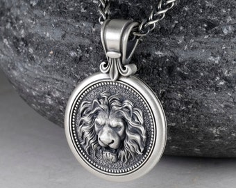 30mm Round Lion Head Pendant With Fleur de Lis, Braided Wheat Neck Chain 3mm 4mm Spiga Necklace, Sterling Silver 925 Men's best Medallion