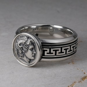 Alexander the Great Silver Ring, Ancient Greece, Alexander of Macedon, Greek Pattern, Mythology Jewelry, Macedonian King, Sterling Silver