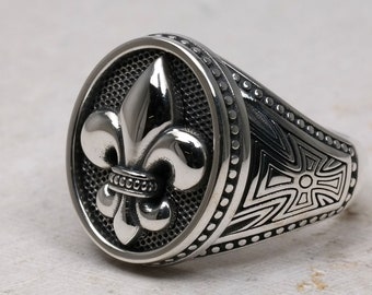 Mens Fleur De Lis Ring Lys Rings For Men Black Man French Jewelry Handmade 925 Silver Fathers Day Gift for Him Men Boyfriend Husband Son Dad