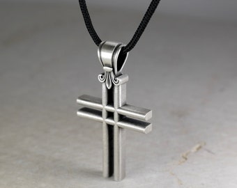 Hashtag Cross Pendant with Fleur De Lis Design, Best Gift for Christian Men and Women, Rugged Necklace Sterling Silver 925 with Black Cord