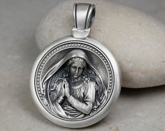 Collar de la Virgen María, Medallón de la Santa Madre de Plata, Joyería Cristiana, Colgante de Regalo Católico Religioso, Ruega por Nosotros, Joyería de Plata Oxidada