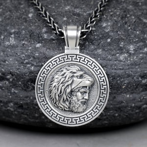 Heracles Necklace with 3,5mm Braided Wheat Chain, Hercules Greek Mythology Pendant, Nemean Lion, Medallion Gift for Him, Sterling Silver 925
