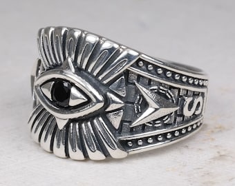 Eye of providence, Real Sterling Silver 925, Unisex Traveler Ring, Compass North Star, Evil Eye, Dollar Pyramid Tattoo, Oeil de providence