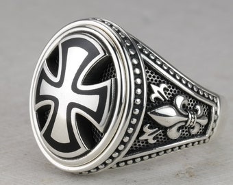 Big Oval Signet Ring for Men, Black Enamel Maltese Cross With Fleur de lis, Oxidized Sterling Silver 925, Religious Man Gift, Royal Lily