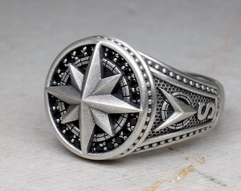 Round Signet Ring North Star, Compass Wind Rose, Real Sterling Silver 925, Traveler Man Jewelry, Unisex Style Chevalier with Cubic Zircon