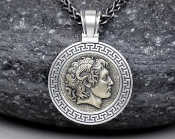 Men Round Silver Pendant, Alexander the Great Silver Necklace, Ancient Greek Pendant, Alexander of Macedon Necklace, Greek Mythology Jewelry