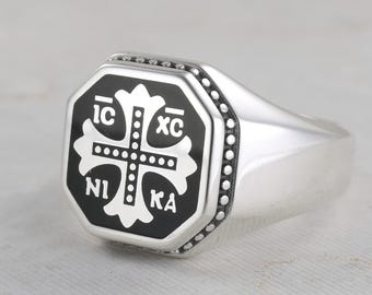 Byzantine Cross Ring: Solid Silver Chevalier (IC XC NIKA Design
