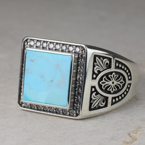 12X12 Square Stone Signet Men&#39;s Ring, Fleur de Lis design, Turquoise ,Tiger eye, Black Onyx, Carnelian, Mother Of Pearl, Sterling Silver 925