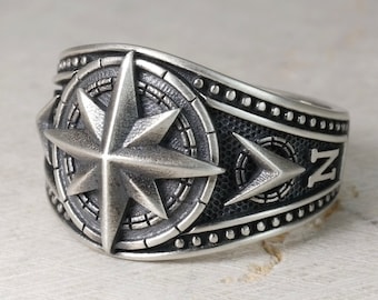 Compass Wind Rose Ring, Traveler North Star Unisex Wedding Bands, Comfort Fit Signet Jewelry Gift For Men Women, Real Sterling Silver 925