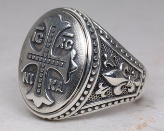 Cross IC XC NIKA Signet Ring, Real Sterling Silver 925, Oval Chevalier with Fleur De Lis Design, Orthodox, Christian Men Jewelry Accessories