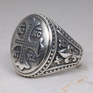 Cross IC XC NIKA Signet Ring, Real Sterling Silver 925, Oval Chevalier with Fleur De Lis Design, Orthodox, Christian Men Jewelry Accessories