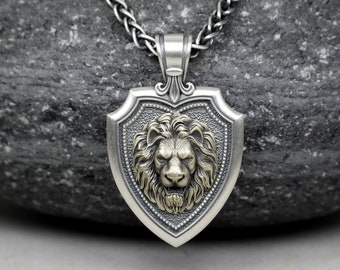 Shield Lion Head Pendant With Fleur de Lis, Braided Wheat Neck Chain 3.5mm, Sterling Silver 925 Necklace, Protection and Valor Medallion