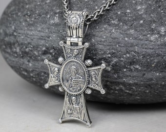 Silver Christ Jesus Cross with 3.5mm Wheat Braided (Spiga) Chain, Christian Pendant, Saint Michael Archangel, Orthodox Necklace, IC XC  NIKA
