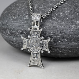 Silver Christ Jesus Cross with 3.5mm Wheat Braided (Spiga) Chain, Christian Pendant, Saint Michael Archangel, Orthodox Necklace, IC XC  NIKA