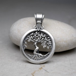 30 mm Woman - Tree of Life Charm Necklace, Family Tree Round Pendant, Leafy Tree Silver Medallion, Yggdrasil Norse Mythology Jewelry