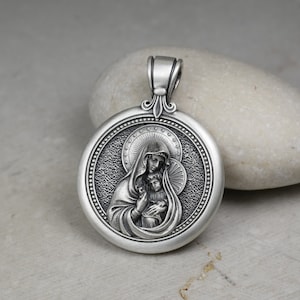 Holy Mary And Baby Jesus Round Pendant with Spiga Wheat Braided Silver Chain, Virgin Mary Necklace, Fleur de Lis Bail, Christian Medallion