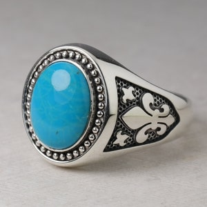 Oval Turquoise Men Signet Ring, Classic Chevalier, Signet Ring for Men, Fleur-de-lis men ring, Solid Sterling Silver 925, Pinky Unisex ring
