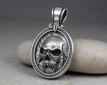 Oval Vampire Skull Pendant with Fleur De Lis Bail, Memento Mori Necklace with Black Cord, Gothic Style, Sterling Silver 925