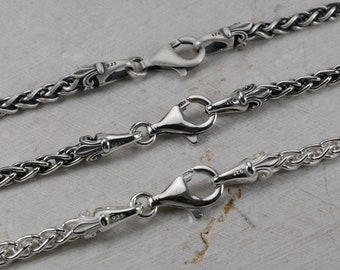 4.2mm Spiga Chain Oxidized Sterling Silver 925, Clasp Hook With Dots or Fleur De Lis Design All Lengths, Braided Wheat Man Chain, Gift for