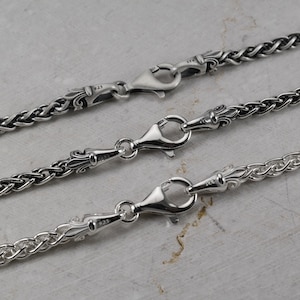 4.2mm Spiga Chain Oxidized Sterling Silver 925, Clasp Hook With Dots or Fleur De Lis Design All Lengths, Braided Wheat Man Chain, Gift for