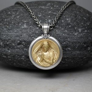 Virgin Mary Silver Pendant with Gold Plated Icon, 3.5mm Braided Wheat (Spiga) Neck Chain, Fleur de Lis Bail, 30mm Round Holy Mother Necklace